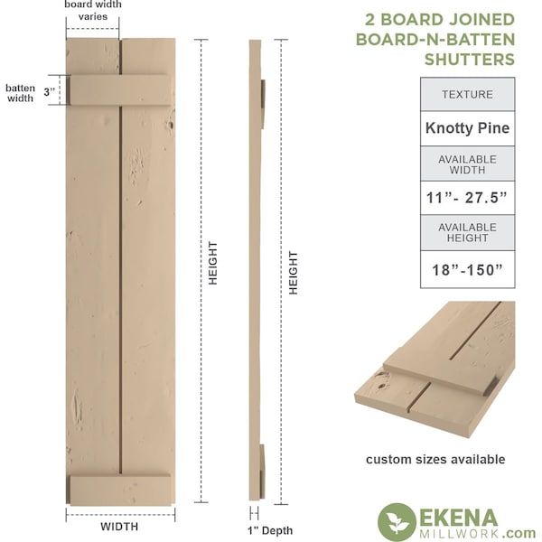 Rustic Two Board Joined Board-n-Batten Knotty Pine Faux Wood Shutters, 11W X 52H